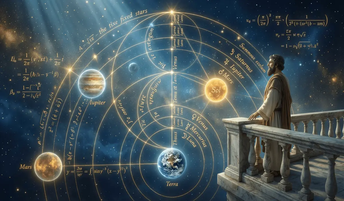 Ancient Pythagorean concept of Music of the Spheres showing planets connected by sacred geometry and divine numbers.