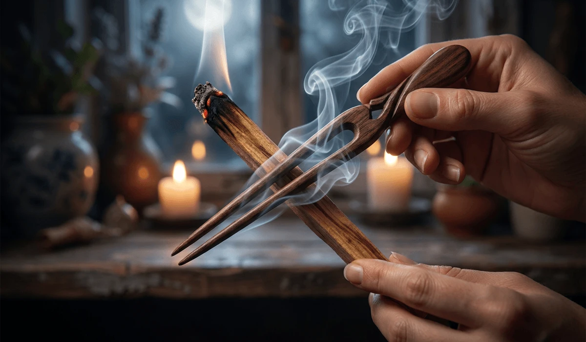 Cleansing a spiritual wooden hairpin using Palo Santo smoke for energetic recharge.
