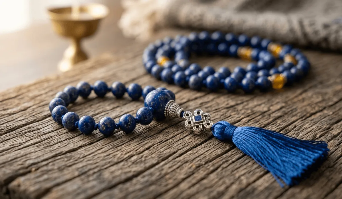 Authentic Lapis Lazuli mala beads with 108 stones and golden pyrite flecks on a wooden altar.
