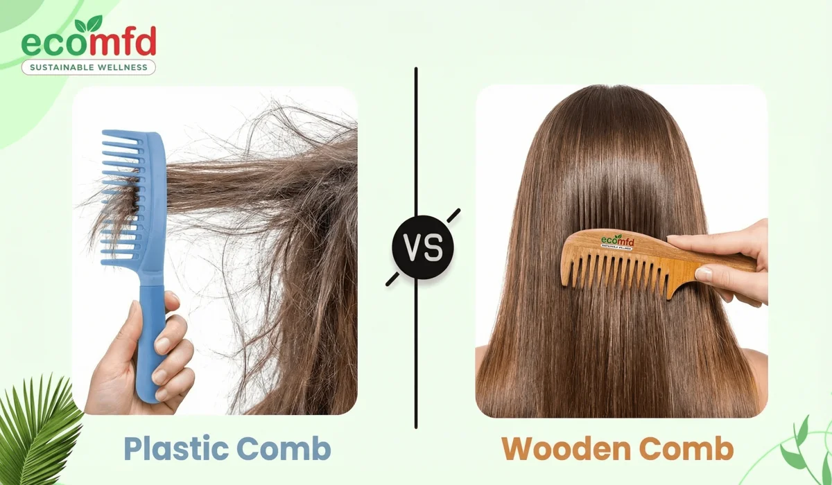 Visual comparison between a plastic comb causing static and a wooden comb providing smooth, static-free hair grooming.