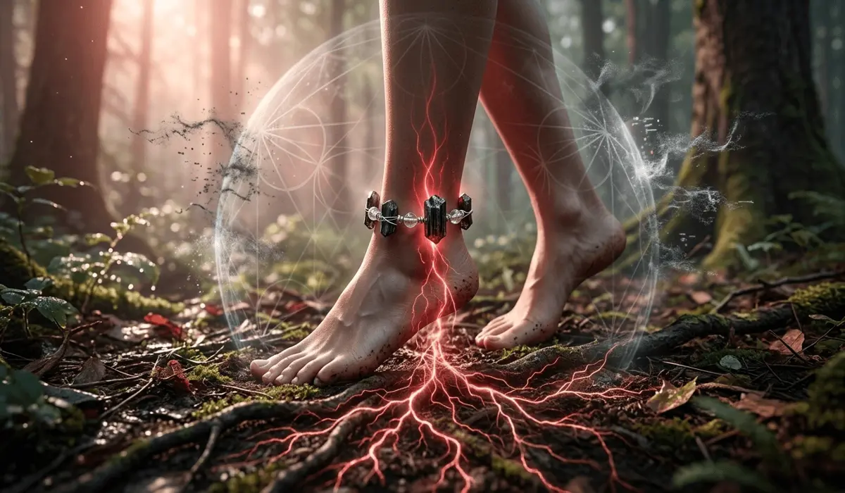 Conceptual illustration of a Black Tourmaline anklet creating a protective energy shield and grounding the Root Chakra.