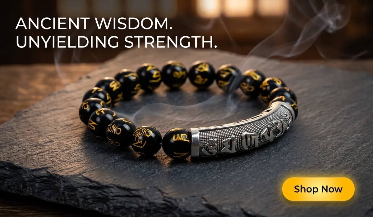 High-end Obsidian Guardian Mantra Bracelet for unyielding strength and protection, featuring black beads with gold script and silver mantra cylinder on a Zen-style background.
