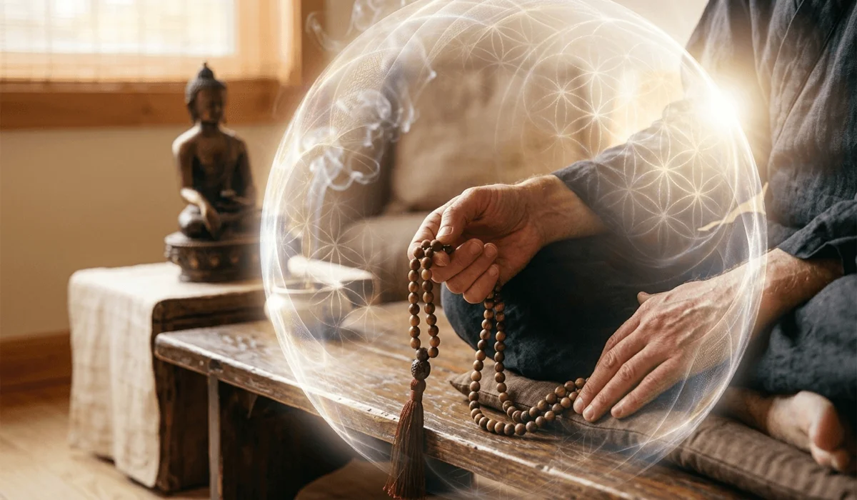 A person meditating with mala beads surrounded by a glowing protective light field created through Om Mani Padme Hum mantra practice.