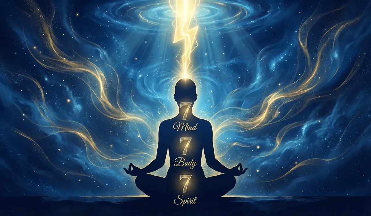 Digital art illustrating the 777 angel number alignment of mind, body, and spirit with a vertical pillar of divine light.