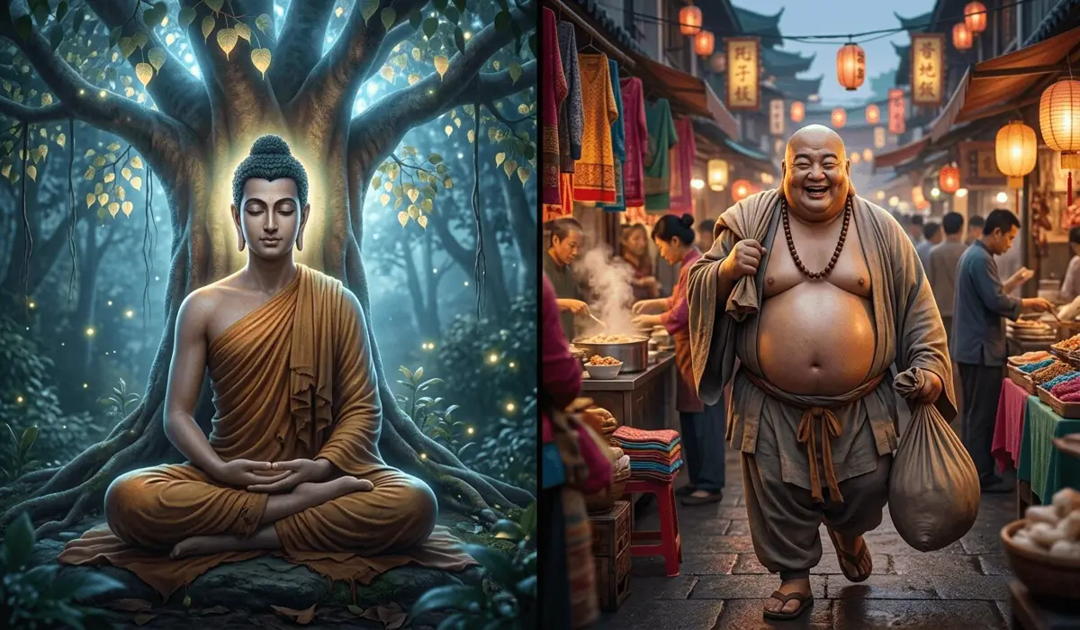 A visual comparison between the historical Gautama Buddha in meditation and the jovial Chinese monk Budai, illustrating their different cultural and spiritual origins.