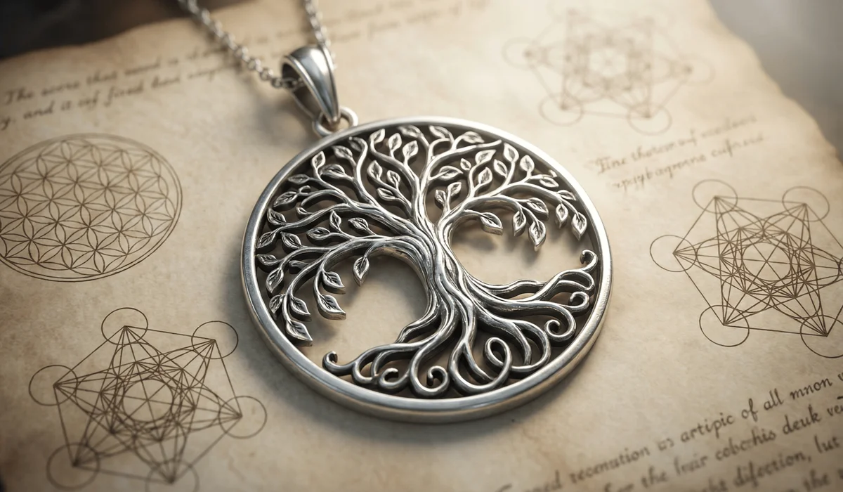 A detailed sterling silver Tree of Life necklace pendant showcasing the circular sacred geometry design and intricate root and branch structure.