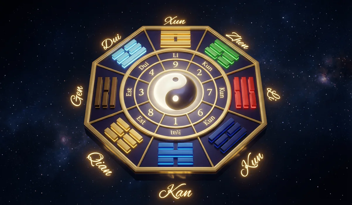 A 3D geometric representation of the eight Feng Shui trigrams and the central Tai Qi point, showing the balance of cosmic forces.