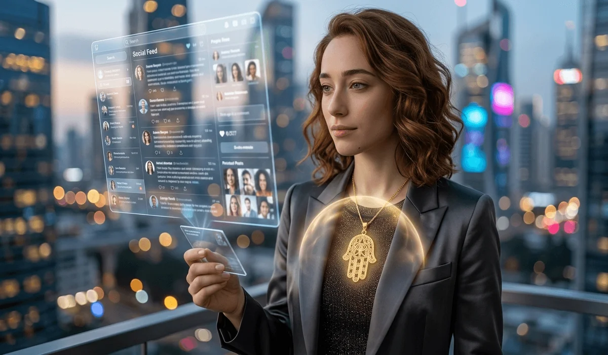 A modern woman wearing a Hamsa Hand necklace as a digital psychic firewall against social media envy in a futuristic setting.