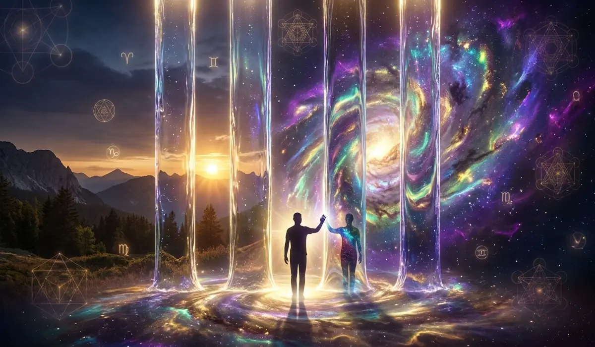 A cosmic 11:11 gateway representing the thinning veil between the physical world and spiritual dimensions.