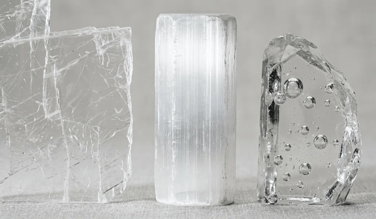 Side-by-side visual comparison showing optical True Selenite sheet, silky fibrous Satin Spar crystal, and fake glass imitation with air bubbles.