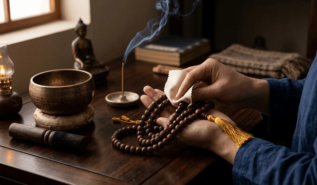 Cleansing and caring for a Bodhi seed mala using a soft cloth, singing bowl, and sandalwood incense.