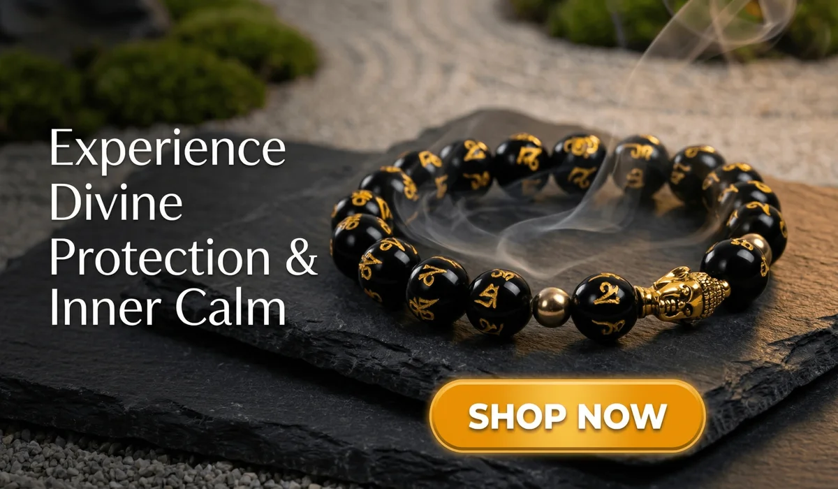 Obsidian Buddha Protection Bracelet with gold-etched mantra beads and golden Buddha head on a Zen stone background for spiritual protection.
