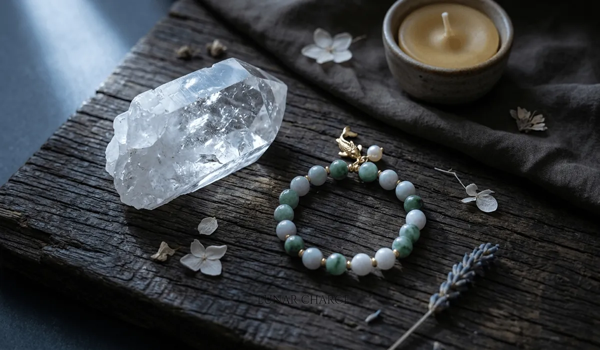 A jade baby bracelet being charged on a quartz crystal under moonlight next to a traditional gold charm.