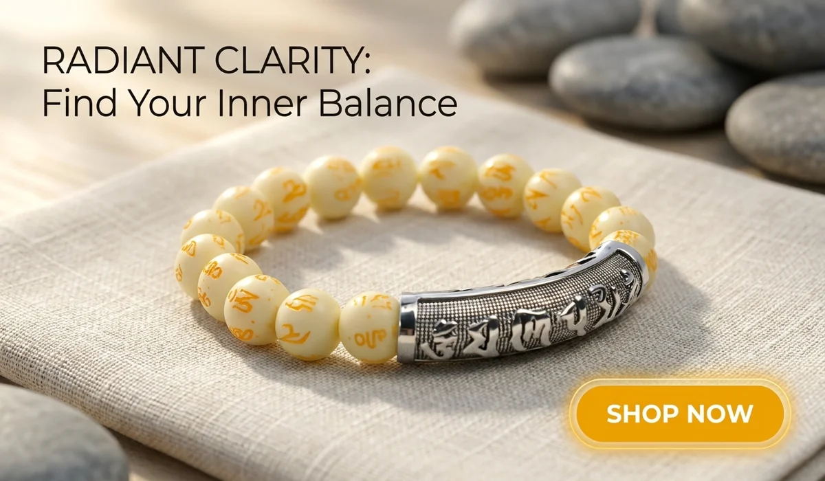 Fluorite Harmony Mantra Bracelet - The Radiant Clarity with silver mantra tube and cream healing beads on a Zen-style background for spiritual balance.