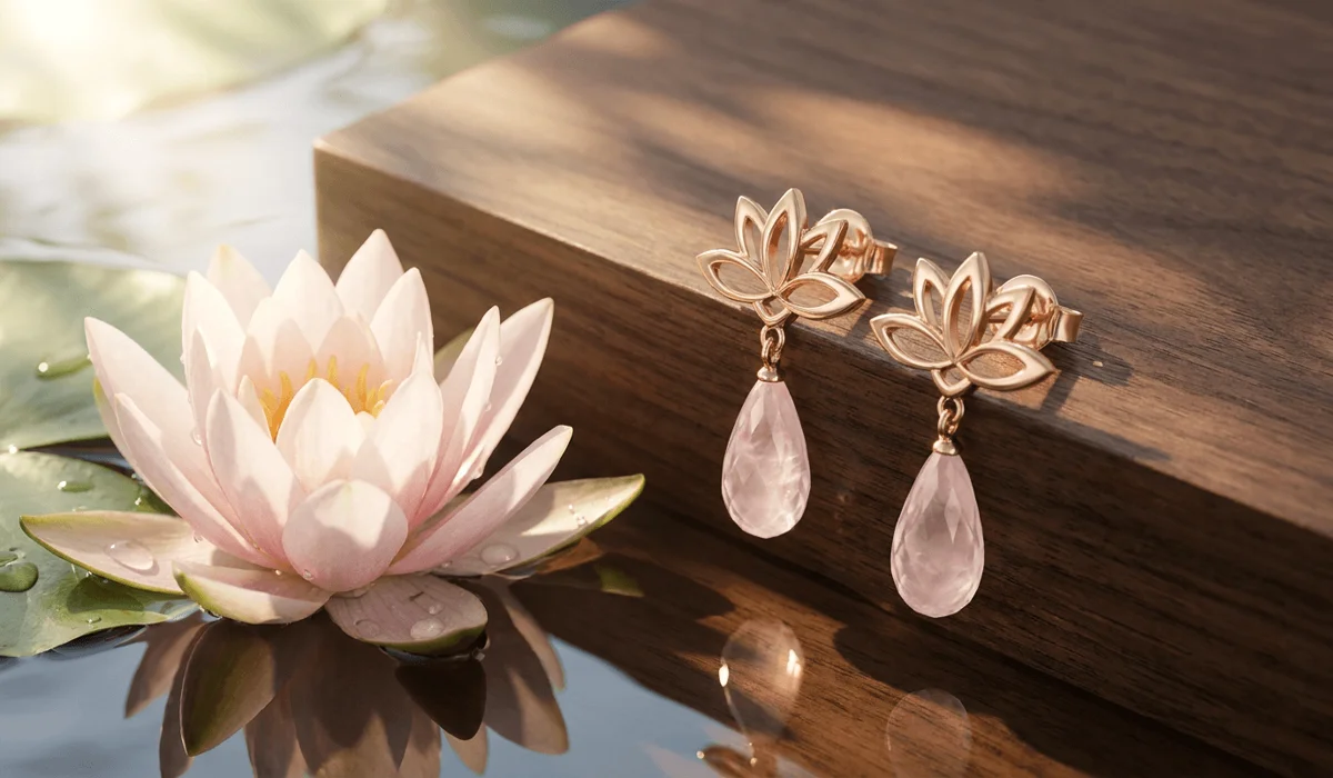 Handcrafted rose gold lotus flower earrings resting on dark wood next to a blooming lotus, representing a respectful alternative to Buddha head jewelry.
