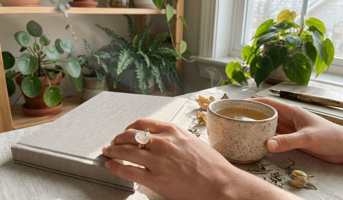 A woman wearing a moonstone ring on her left hand to attract calming spiritual energy and intuition.