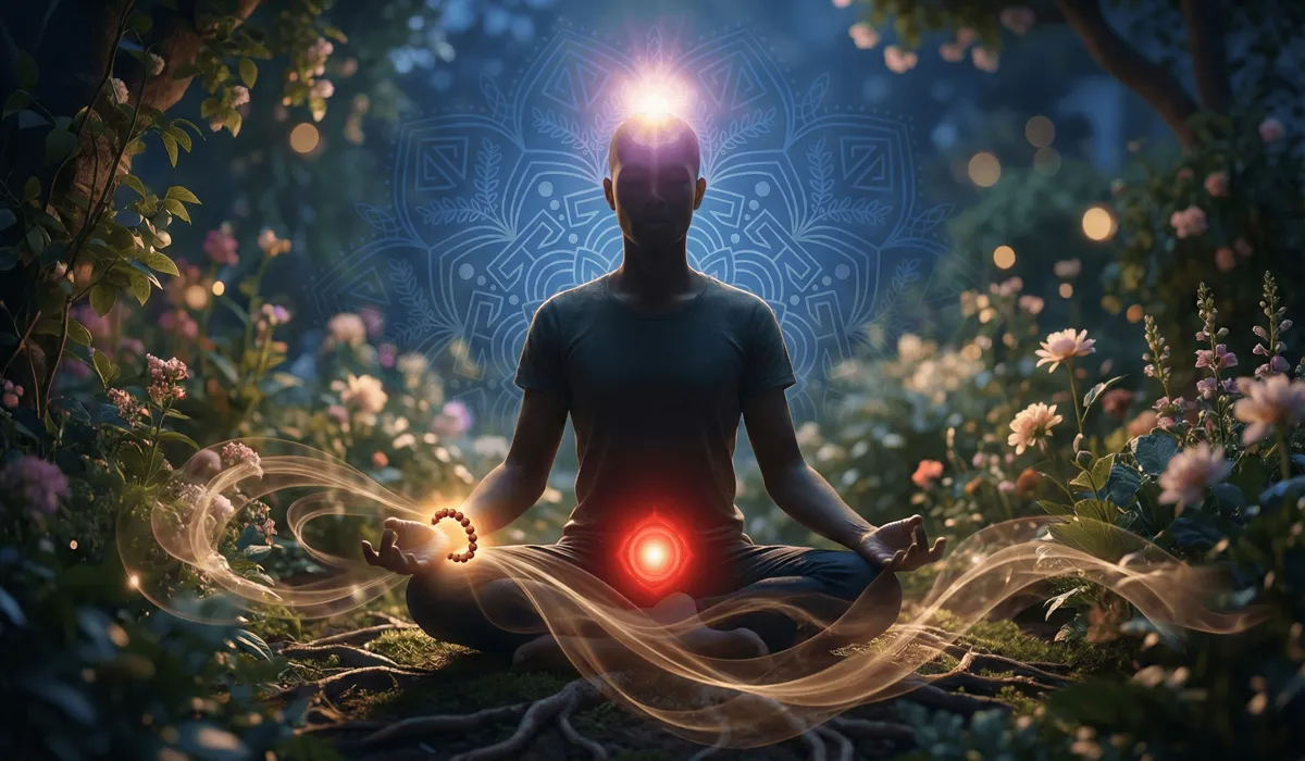 A meditative visual showing the connection between a sandalwood bracelet and the body's Root and Crown chakras for spiritual grounding.