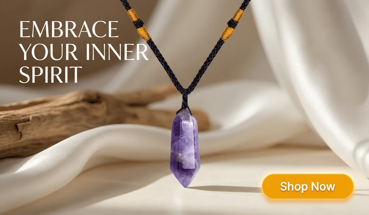 High-end Amethyst Serenity Necklace with purple crystal point on a minimalist Zen background for spiritual balance and SEO blog content