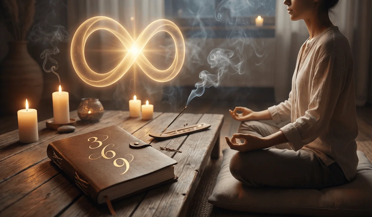 A meditation setting illustrating the 369 manifestation method and the infinity symbol for spiritual harmony.