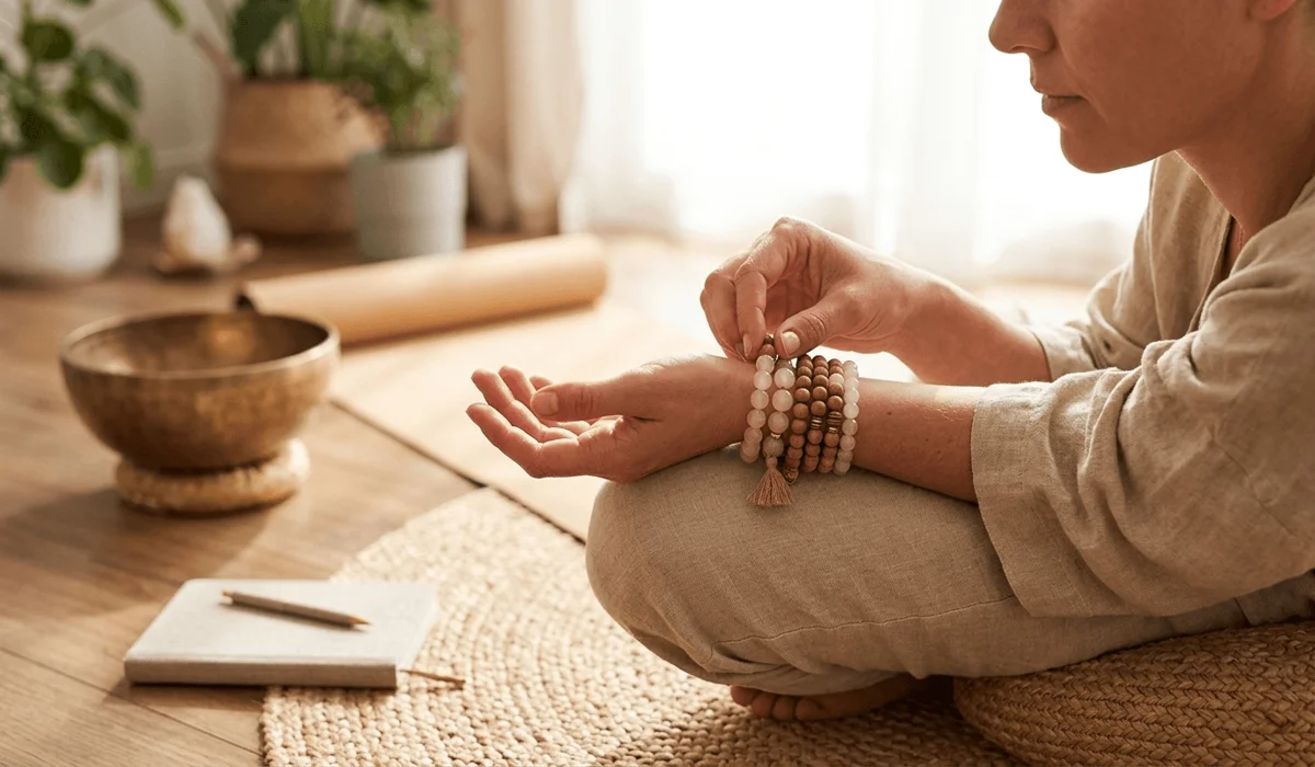 Close-up of a person wearing meditation bracelets on the left wrist for receiving positive energy during mindfulness practice.