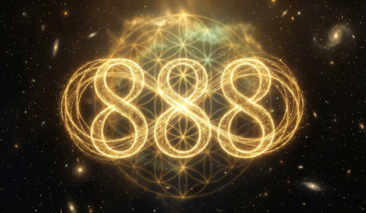 Glowing golden 888 angel number floating in cosmic space representing spiritual resurrection and universal order.