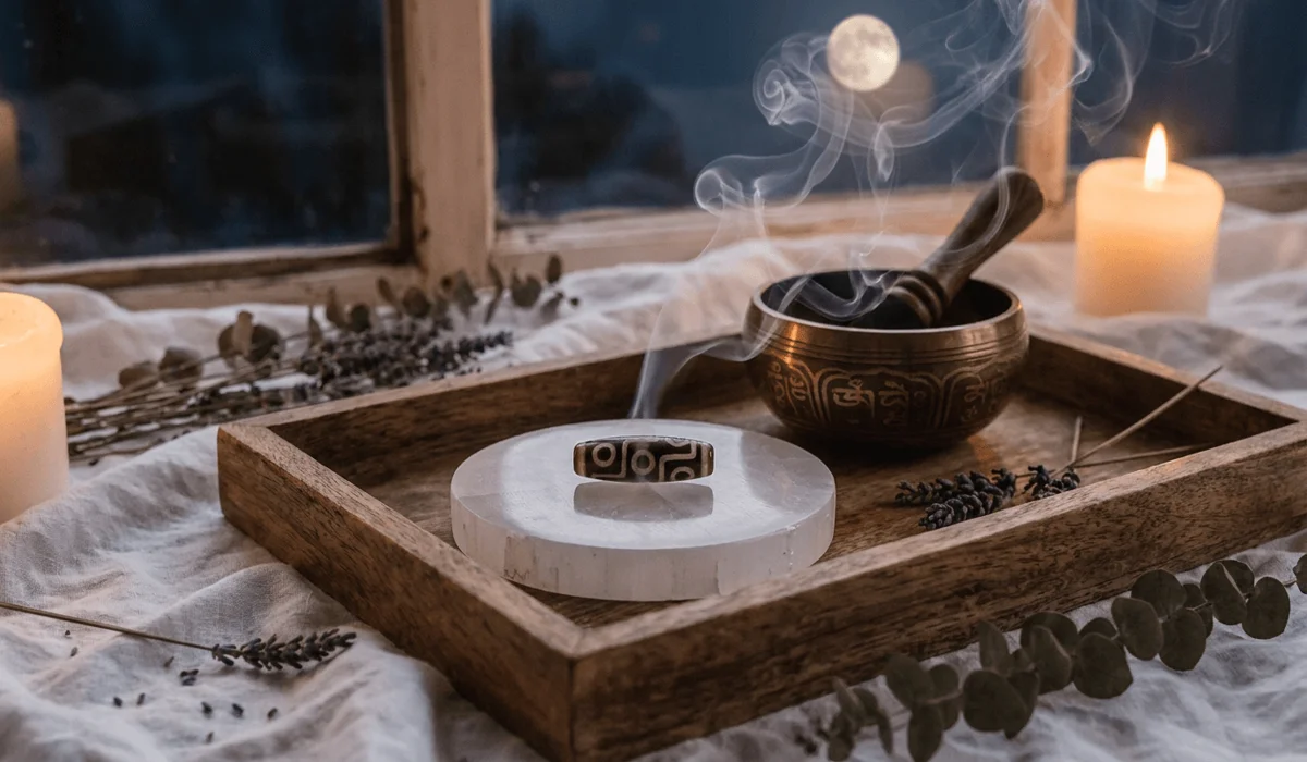Tibetan Dzi bead undergoing smoke cleansing with sage on a selenite charging plate under moonlight for energy maintenance.