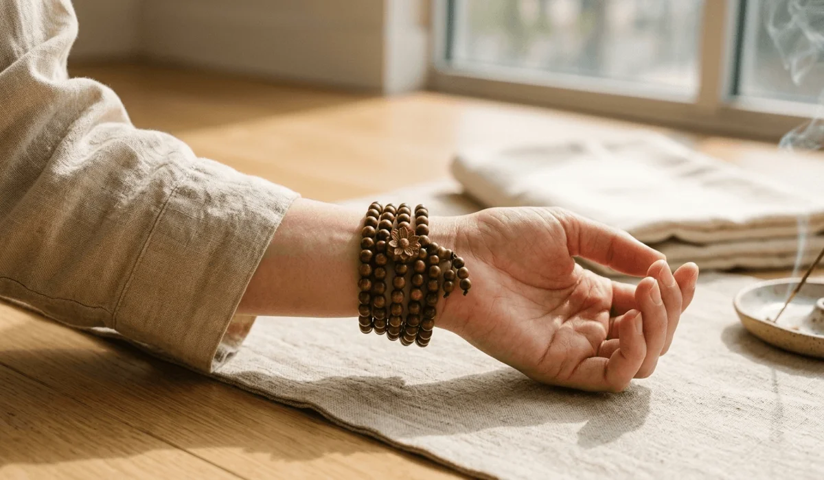 108 Thuja Sutchuenensis wood mala beads worn as a wrap bracelet on the left wrist for daily mindfulness.