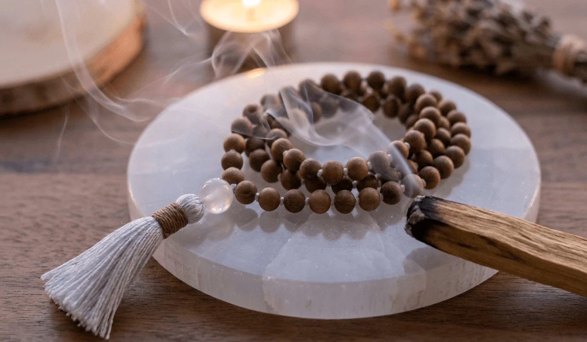 Sandalwood mala beads placed on a Selenite crystal plate for energetic cleansing with Palo Santo smoke.