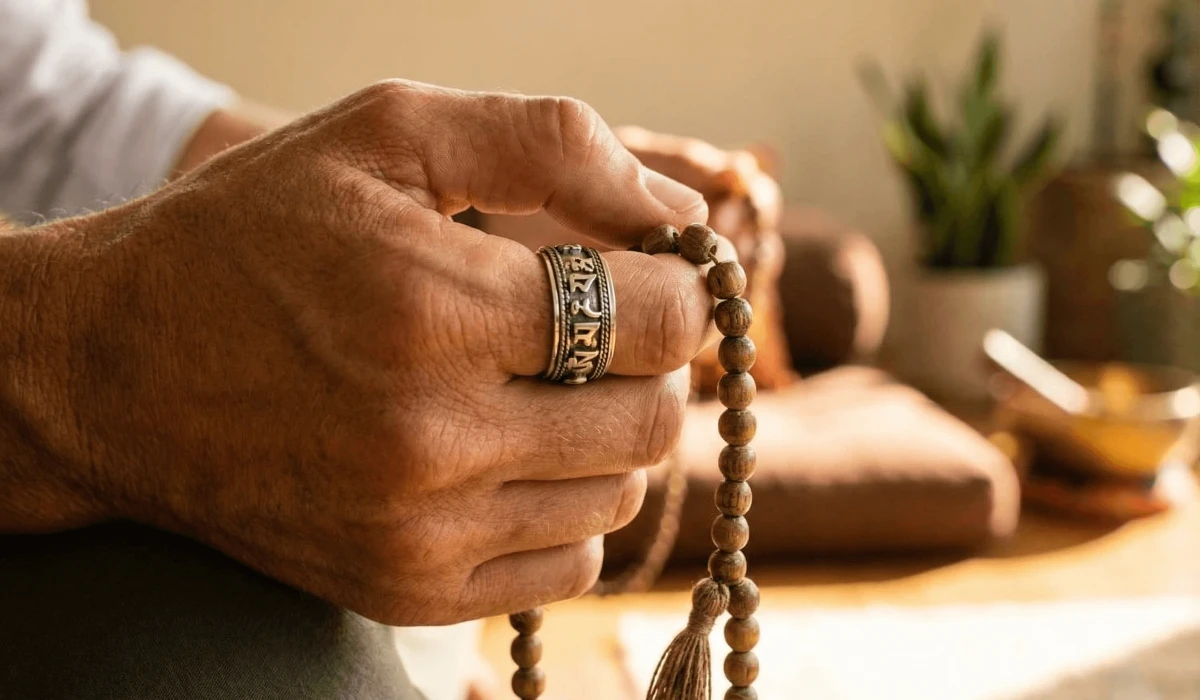Close-up of a hand wearing a sacred Om Mani Padme Hum mantra ring for protection and mindfulness.