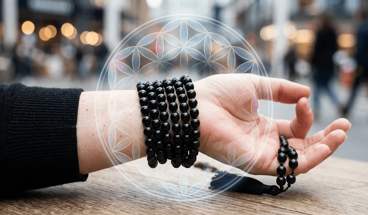 Close-up of a person wearing black obsidian mala beads on the left hand as a protective energy shield in a public environment.
