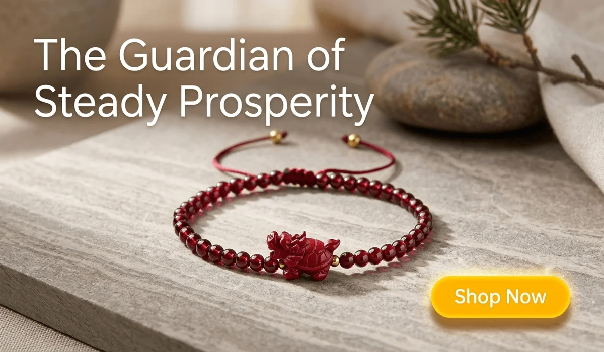 Wealth-Attracting Dragon Turtle Cinnabar Garnet Bracelet for steady prosperity with Shop Now button