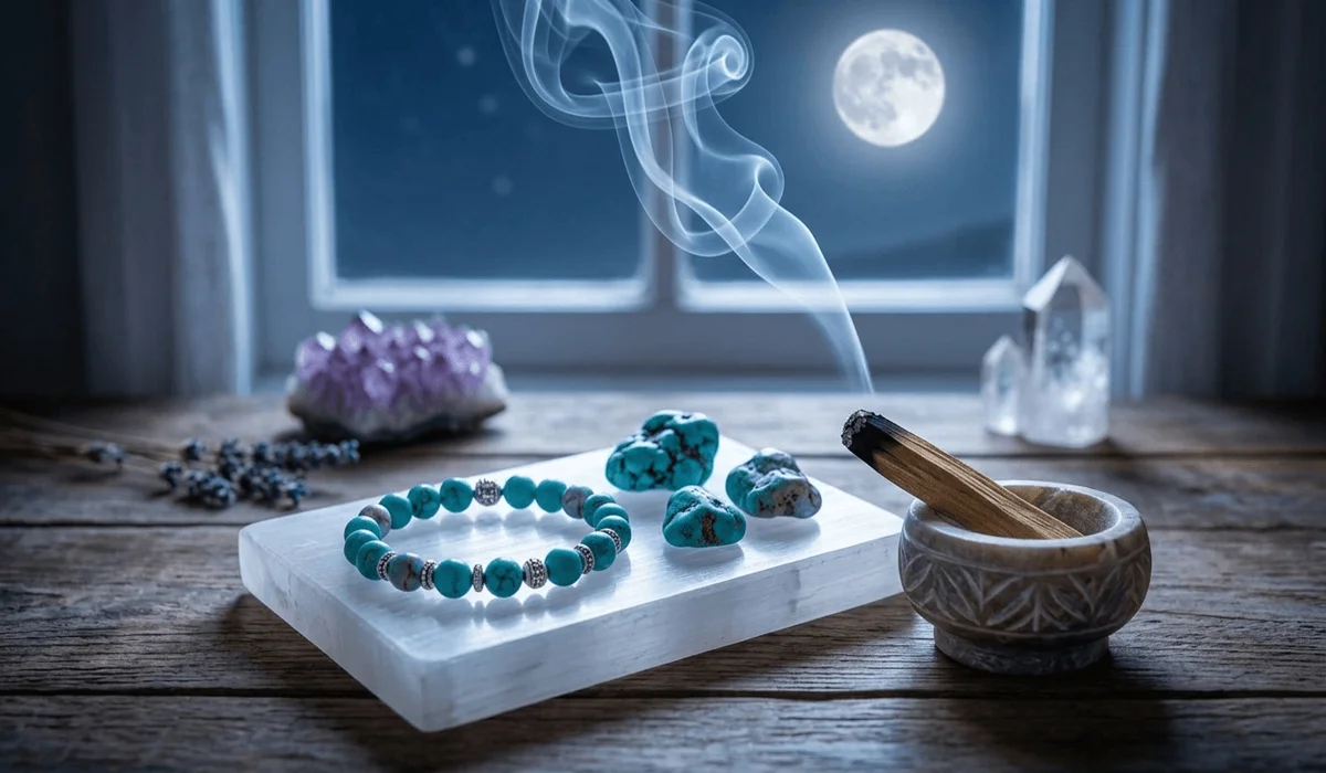 Turquoise jewelry being energetically cleansed with Palo Santo smoke and charged on a selenite plate under moonlight.