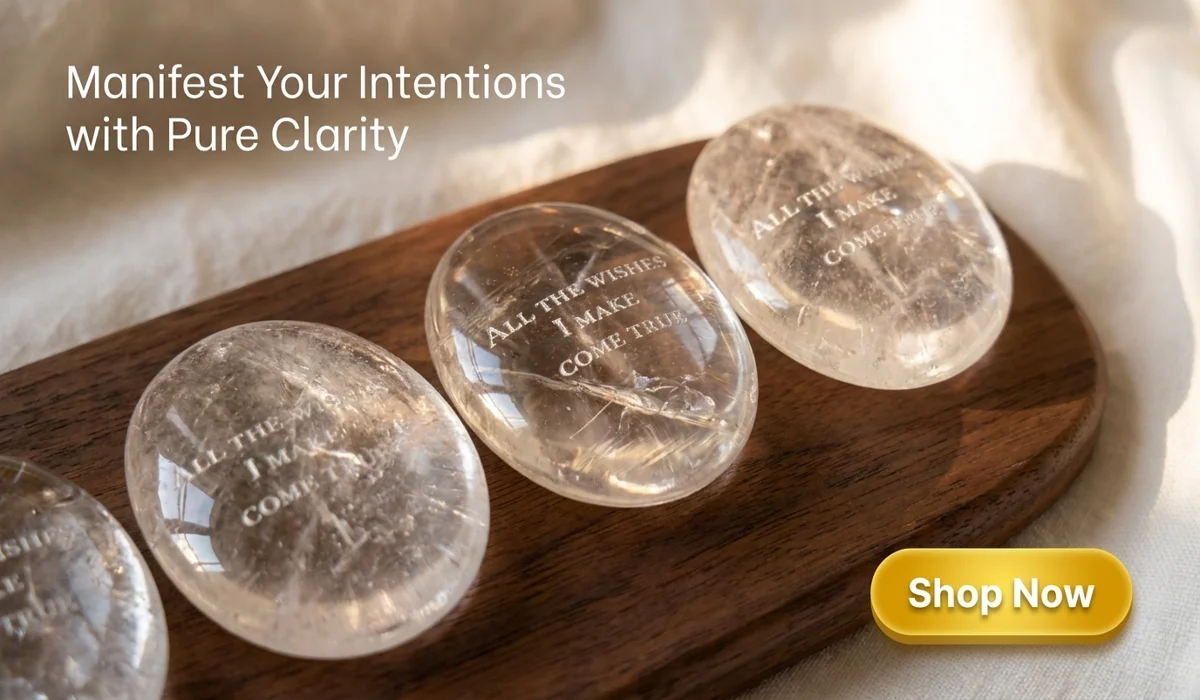 Engraved Natural High-Clarity Clear Quartz Palm Stone for Meditation and Manifestation - Shop Now for Spiritual Wellness