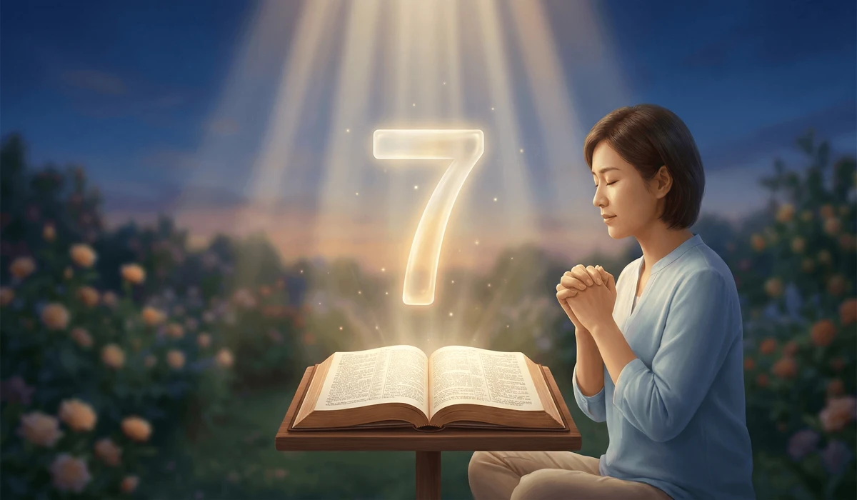 A person meditating in prayer with a glowing number 7, representing the practice of using biblical numbers for spiritual focus and peaceful contemplation.