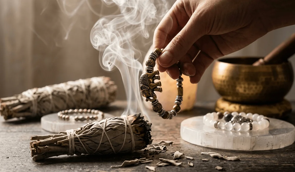 Elephant bracelet being cleansed with sage smoke to charge its spiritual energy and luck.