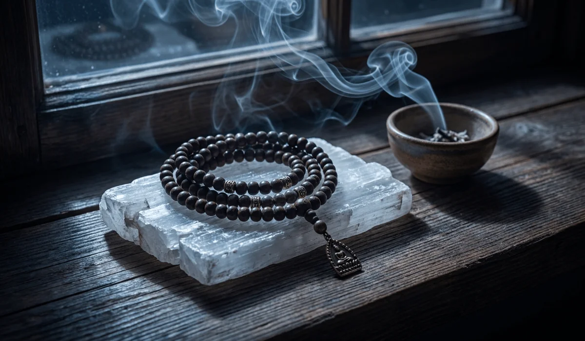 Bodhi seed mala beads resting on a selenite crystal charging slab on a wooden windowsill bathed in gentle moonlight.