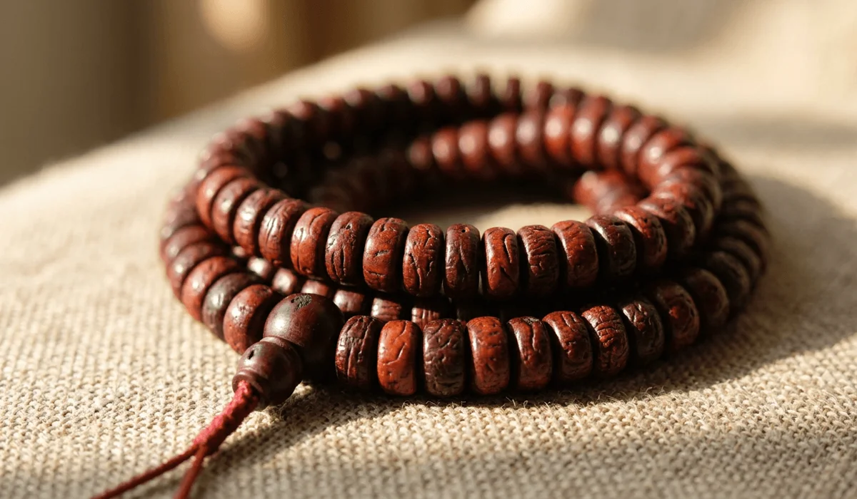 Close-up view of authentic natural Bodhi seed mala beads with a guru bead, showing detailed organic texture and warm mahogany patina.