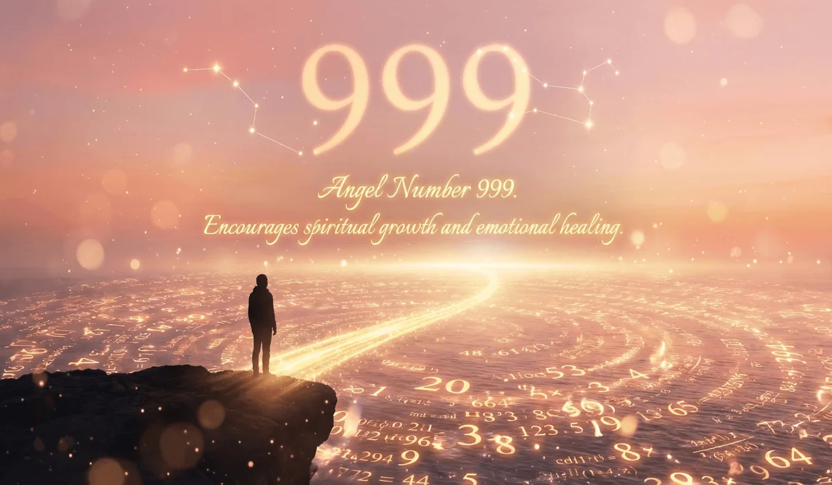 Spiritual illustration of angel number 999 appearing in a cosmic sky over a bridge of light, symbolizing healing and soul transition after a breakup.