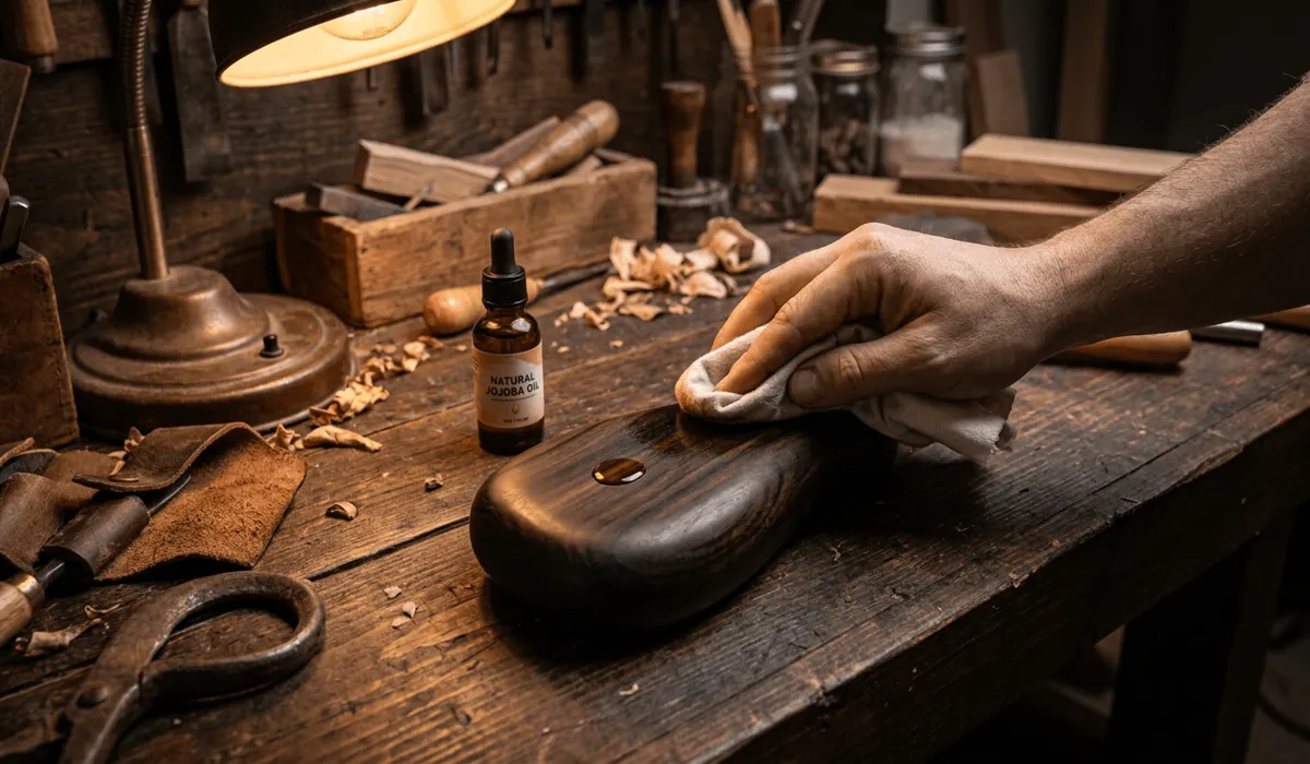 Gentle care and oiling process for an authentic dark ebony wood item on a craftsman workbench.