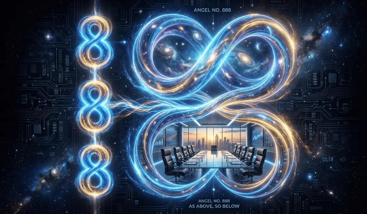 Abstract digital art showing the 888 angel number as an infinity symbol connecting spiritual energy with a modern corporate office environment.