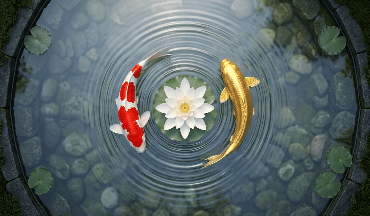Top-down view of two koi fish swimming around a blooming lotus flower, representing the Yin-Yang balance and spiritual stillness.
