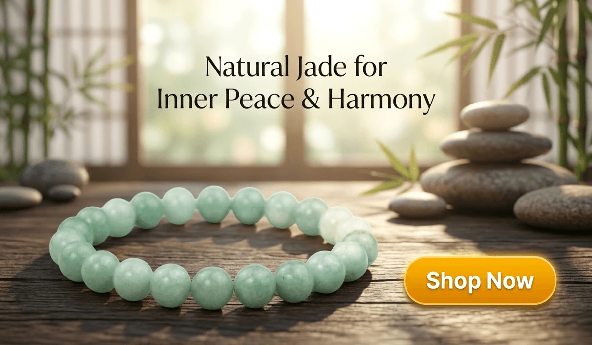 Light green natural jade beaded bracelet for spiritual protection and inner harmony, presented in a Zen-inspired setting with a Shop Now CTA button.