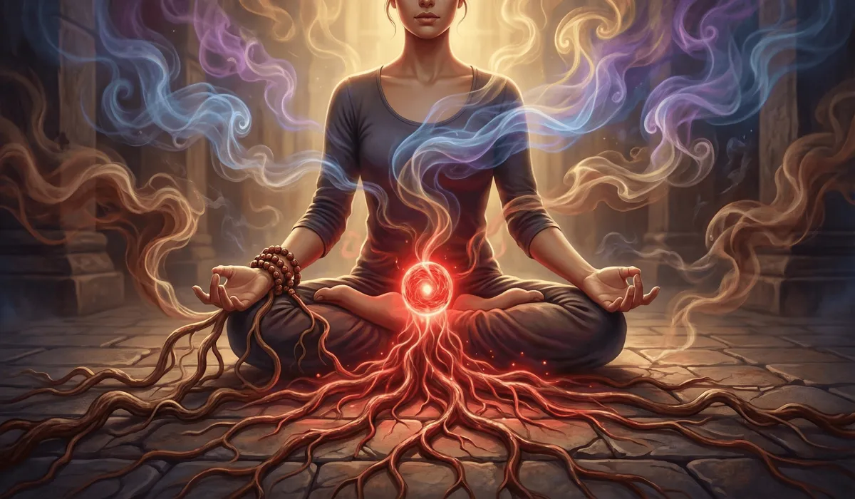 Illustration of sandalwood beads helping with Root Chakra alignment and grounding energy during meditation.