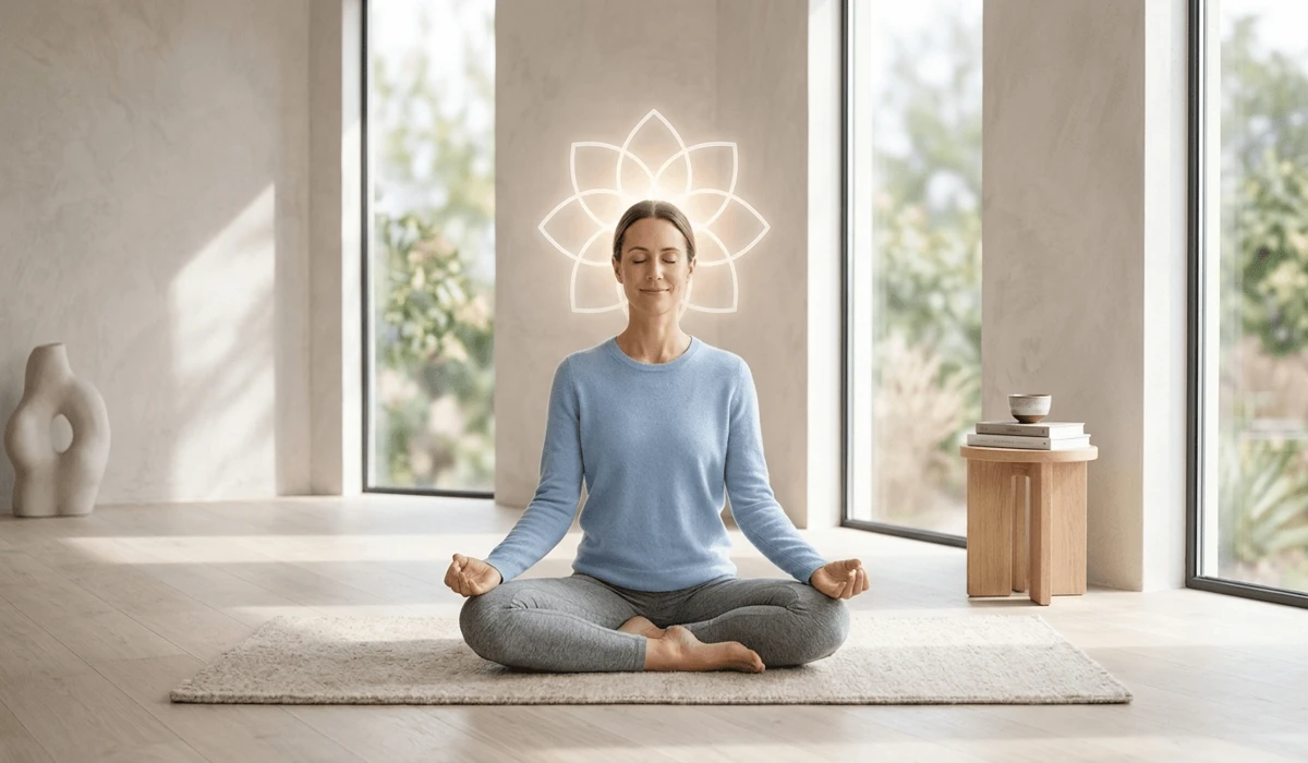 A person meditating in a bright room with a lotus symbol overlay, representing mental clarity and the psychological integration of the self.
