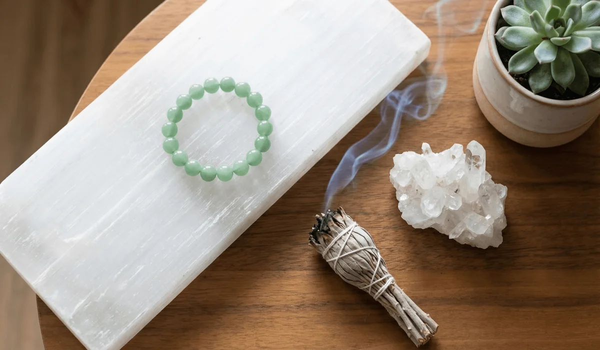Green Aventurine bracelet on a Selenite charging plate with sage smoke, demonstrating crystal cleansing and care.