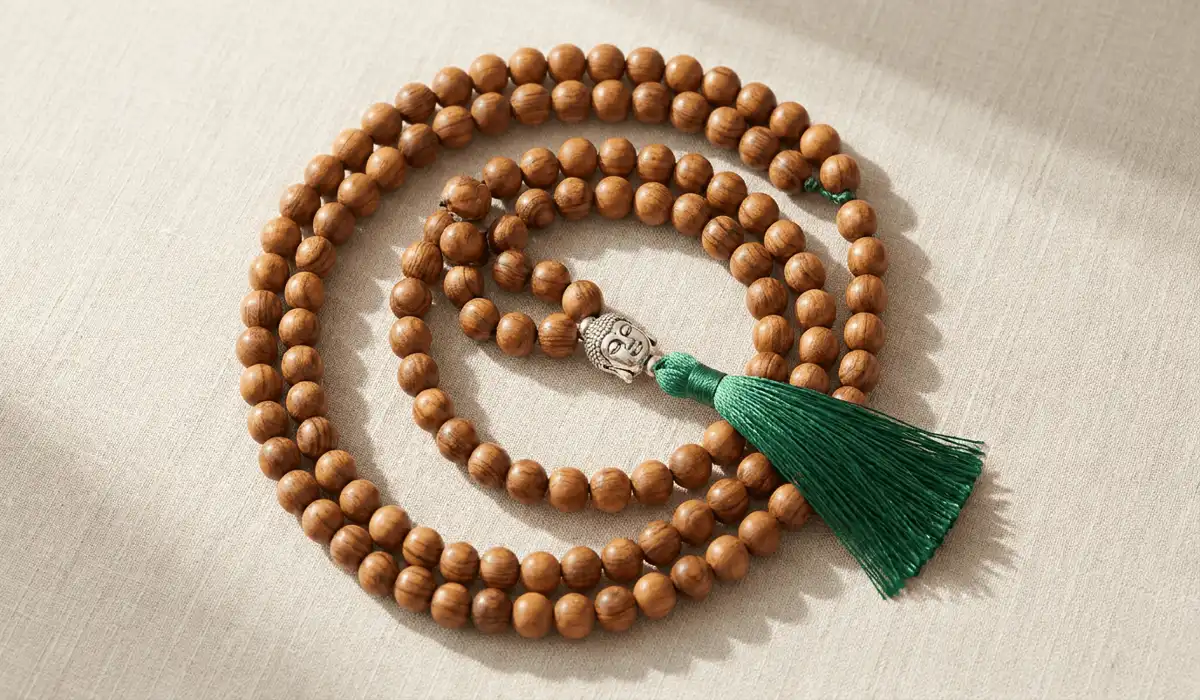 108 mala beads arranged in a harmonious geometric spiral with a central guru bead and tassel for meditation