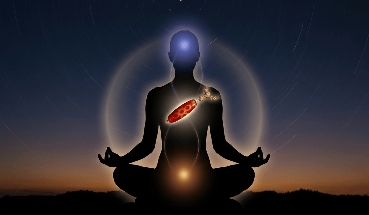 Artistic visual representation of chakra energy alignment and aura protection symbolism associated with Tibetan Dzi beads.