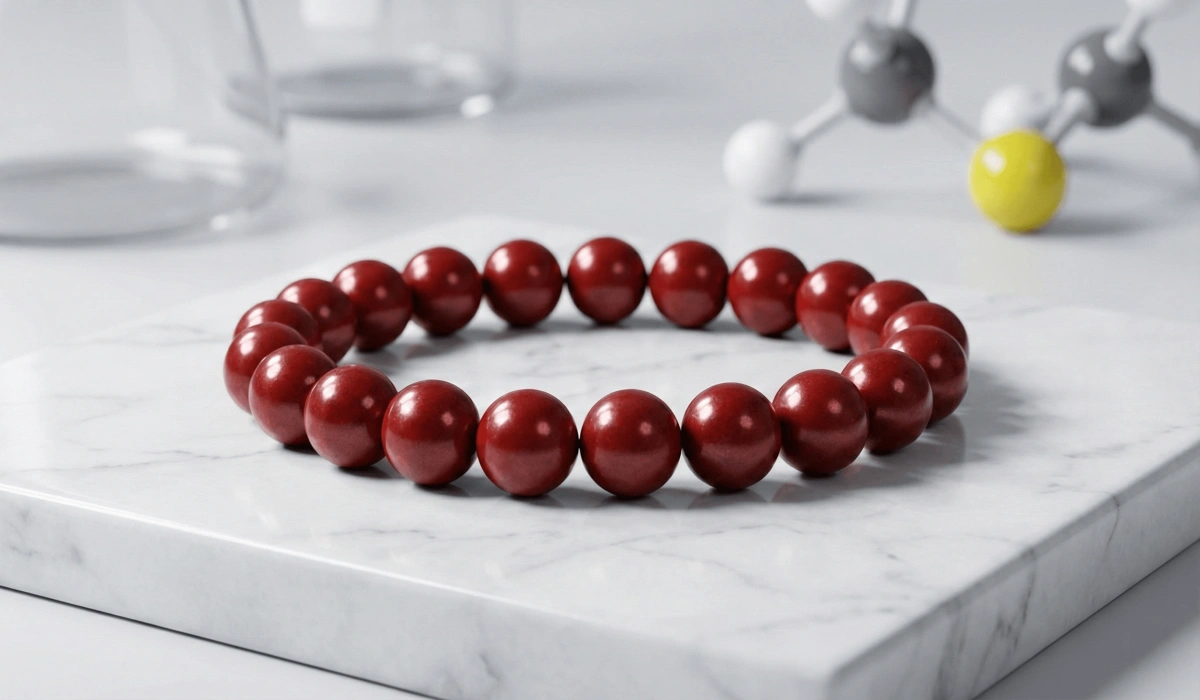 Polished cinnabar bead bracelet showing its stable mercuric sulfide structure and safe-to-wear texture.