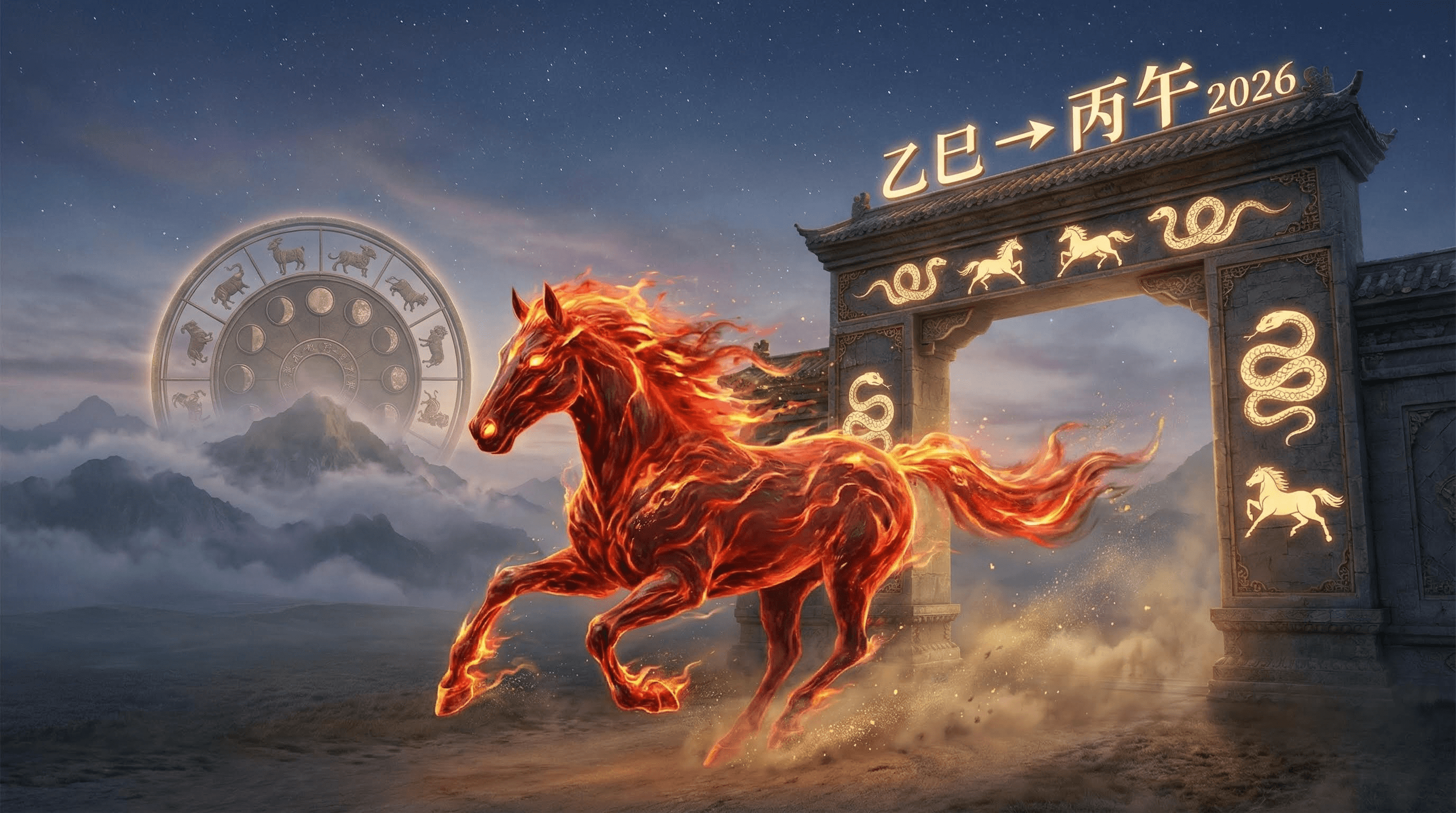 Majestic Fire Horse leaping through a celestial gate from Snake to Horse year 2026