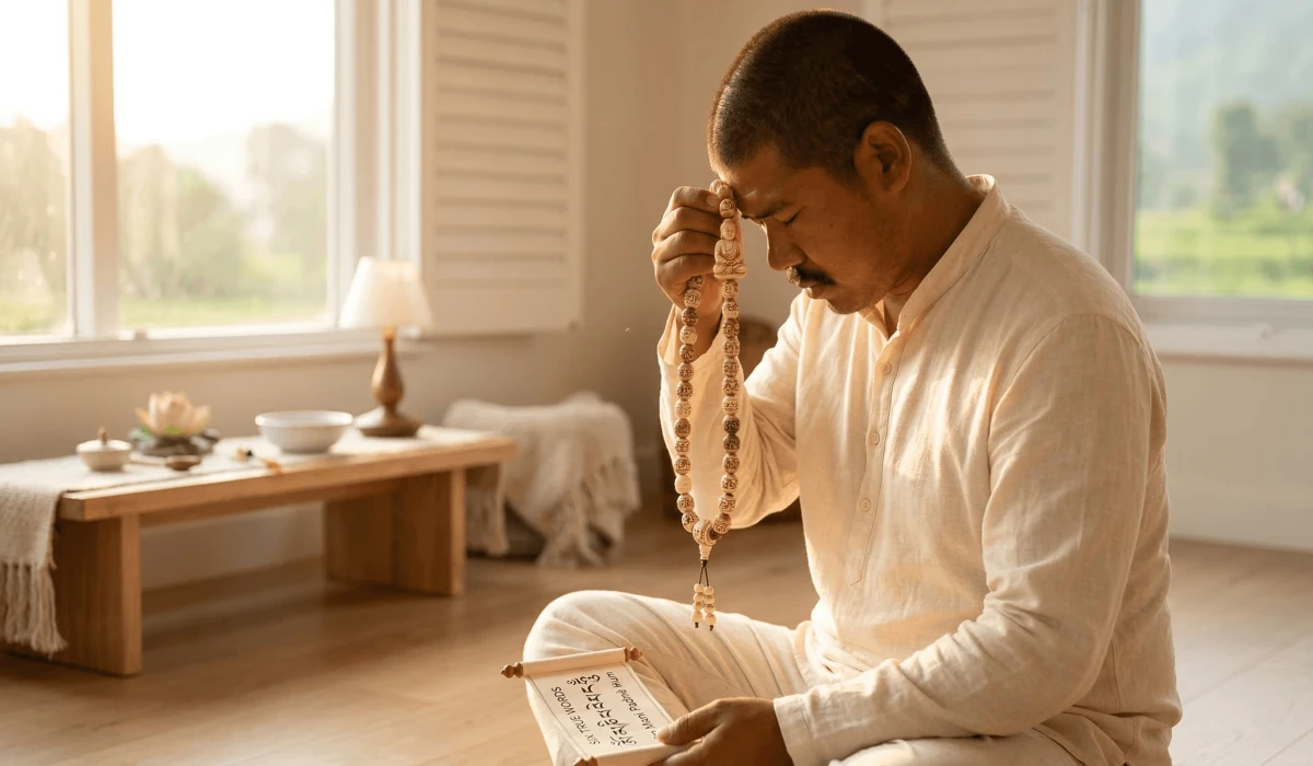A person performing a morning re-consecration ritual by holding a Buddha necklace to their forehead.
